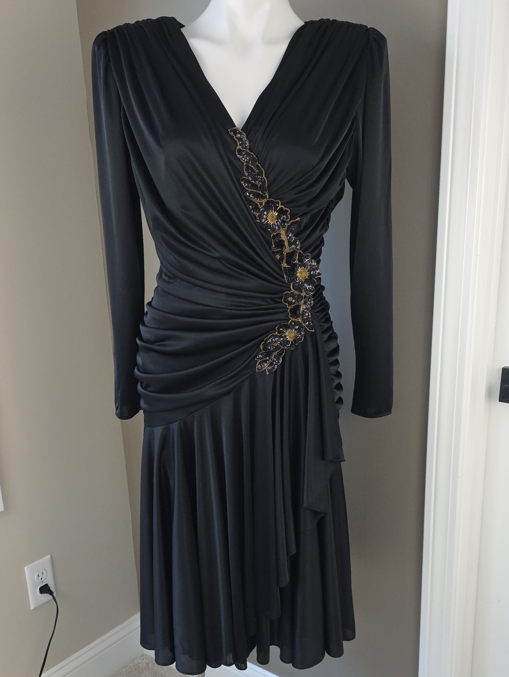 Vintage 1980s Abby Kent Draped Ruched Cocktail Dress Beaded Floral Applique